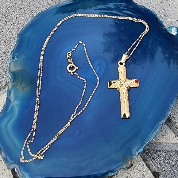 14K Yellow Gold Diamond Cut Cross Pendant Link Necklace - Picture 2 of 13